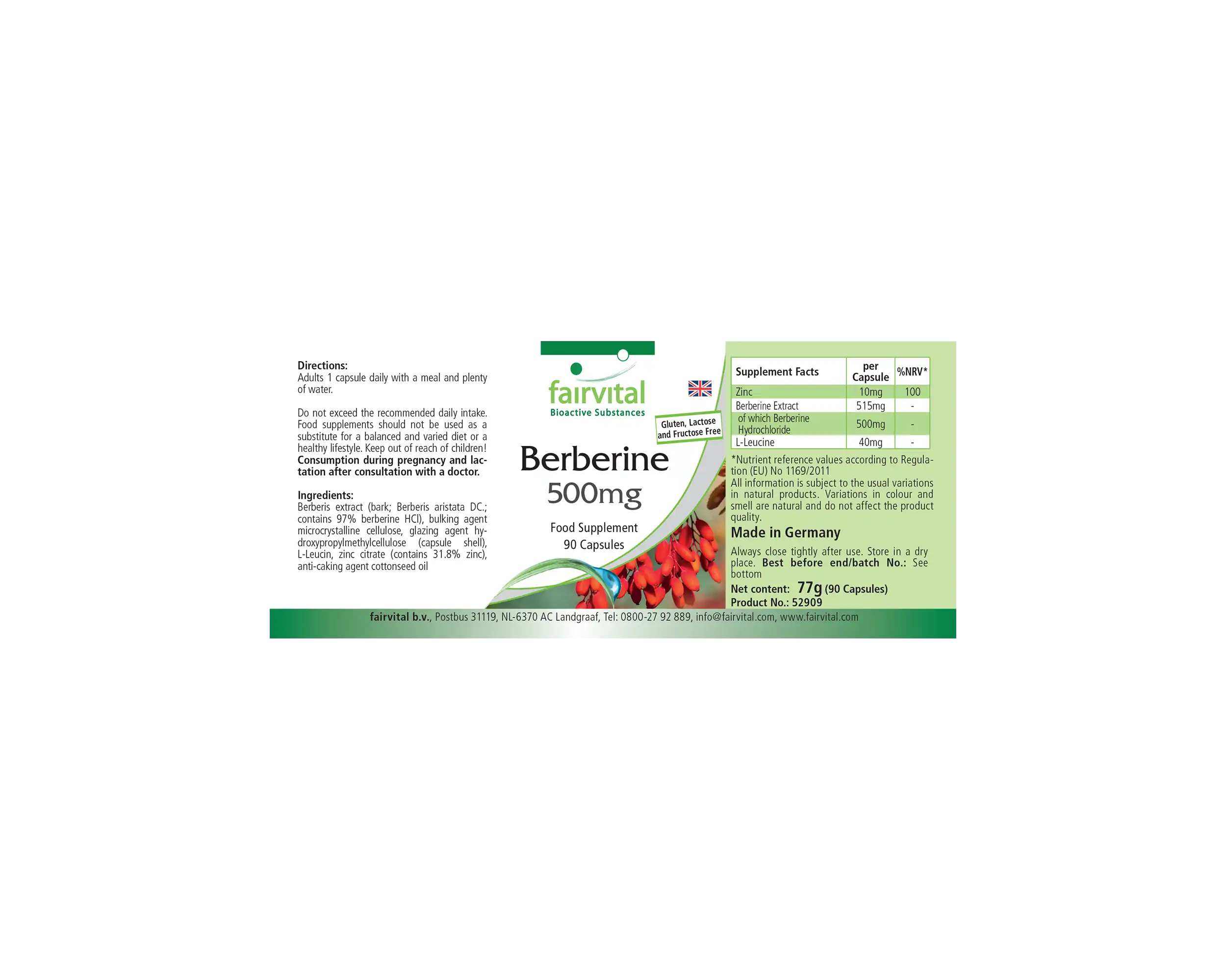 Berberin 500mg - mit Zink für Sehkraft, Haare, Haut, Immunsystem uvm. - 90 Kapseln - Hochdosiert und Vegan | Fairvital