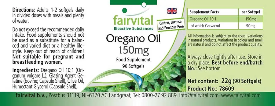 Oregano-Öl 150mg Kapseln - 90 Softgels - Oregano Oil 10:1 Extrakt - Origanum vulgare - Hochdosiert | Fairvital