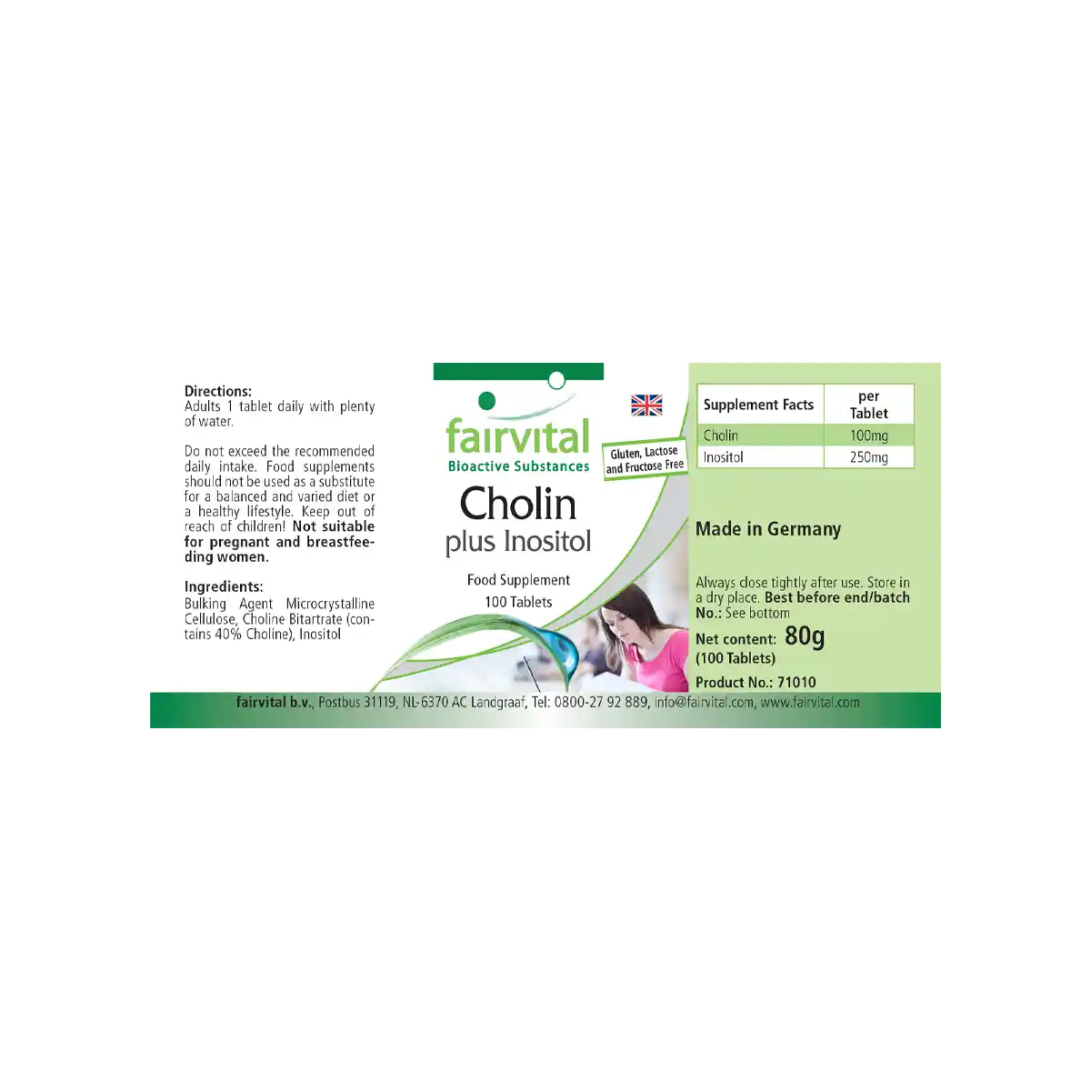 Cholin plus Inositol - 100 Tabletten - für Leberfunktion und Fettstoffwechsel - Hochdosiert und Vegan | Fairvital