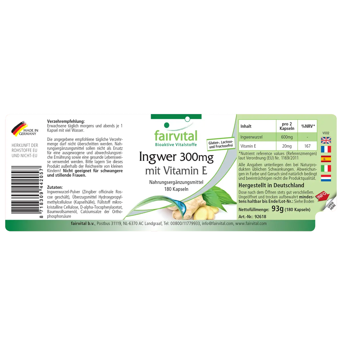 Ingwer 300mg mit Vitamin E - 180 Kapseln - Zellschutz - Hochdosiert und Vegan | Fairvital