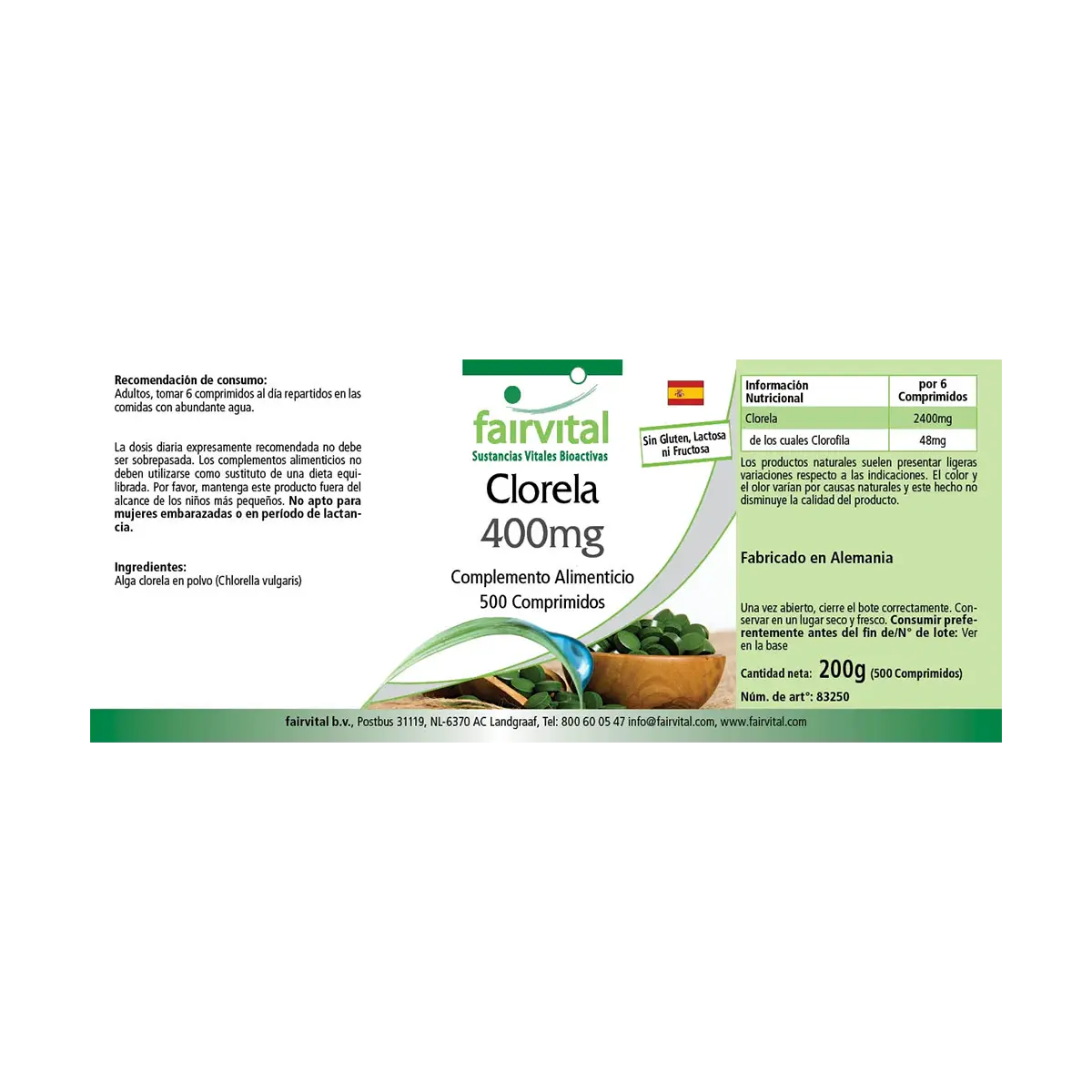 Chlorella 400mg - 500 Tabletten - 100% Chlorella-Algenpulver (Chlorella vulgaris) - Hochdosiert und Vegan | Fairvital