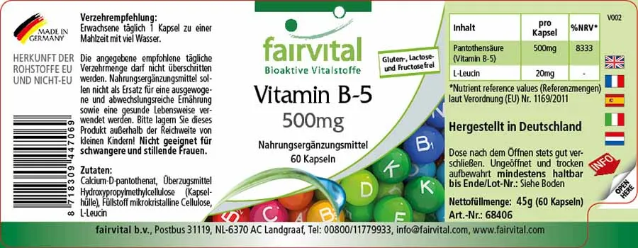 Vitamin B-5 500mg - 60 Kapseln - Pantothensäure - für geistige Leistung, gegen Müdigkeit | Fairvital