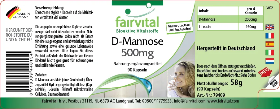 D-Mannose 500mg - 90 Kapseln - natürliches Monosaccharid - Hochdosiert und Vegan | Fairvital D-Mannose 500mg - 90 Kapseln - natürliches Monosaccharid - Hochdosiert und Vegan | Fairvital
