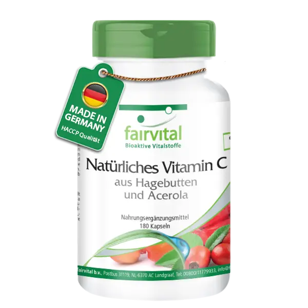 Natürliches Vitamin C aus Hagebutten und Acerola - 180 Kapseln - für Immunsystem uvm. - Vegan | Fairvital