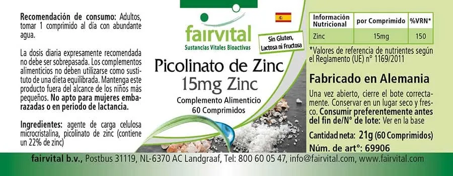 Zinkpicolinat mit 15mg Zink - 60 Tabletten - für Immunsystem, Sehkraft, Haare, Haut - Vegan | Fairvital