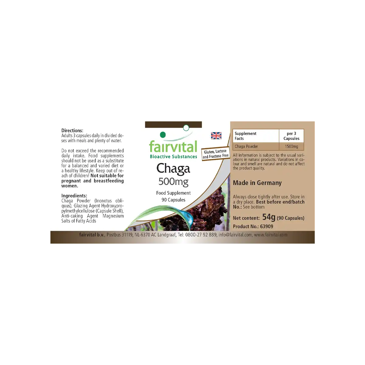Chaga 500mg - 90 Kapseln - Inonotus obliquus - Hochdosiert und Vegan | Fairvital