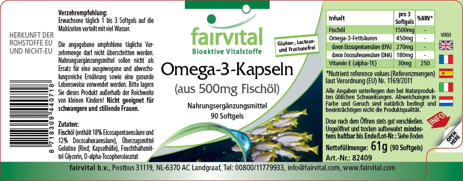 Omega-3-Kapseln aus 500mg Fischöl - 90 Softgels - für Blutdruck, Herz und Zellschutz | Fairvital