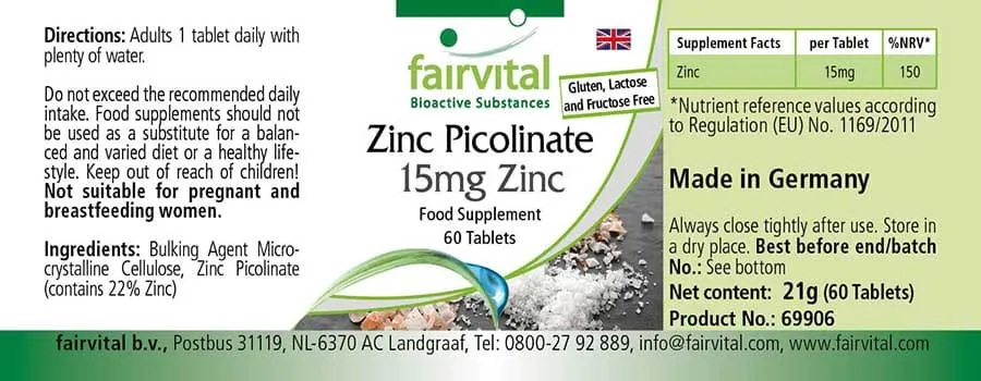 Zinkpicolinat mit 15mg Zink - 60 Tabletten - für Immunsystem, Sehkraft, Haare, Haut - Vegan | Fairvital