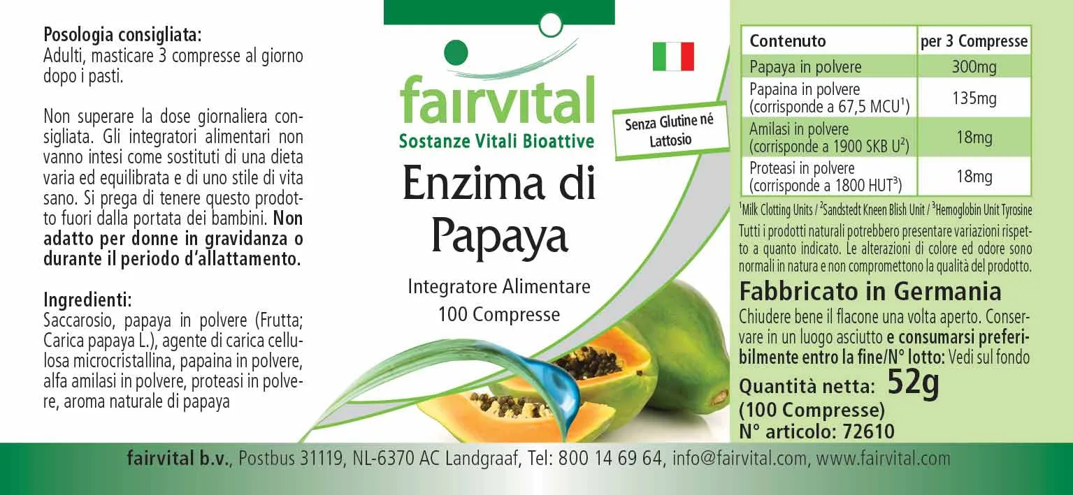 Papaya Enzym - 100 Tabletten - mit Papain, Amylase und Protease - Hochdosiert und Vegan | Fairvital
