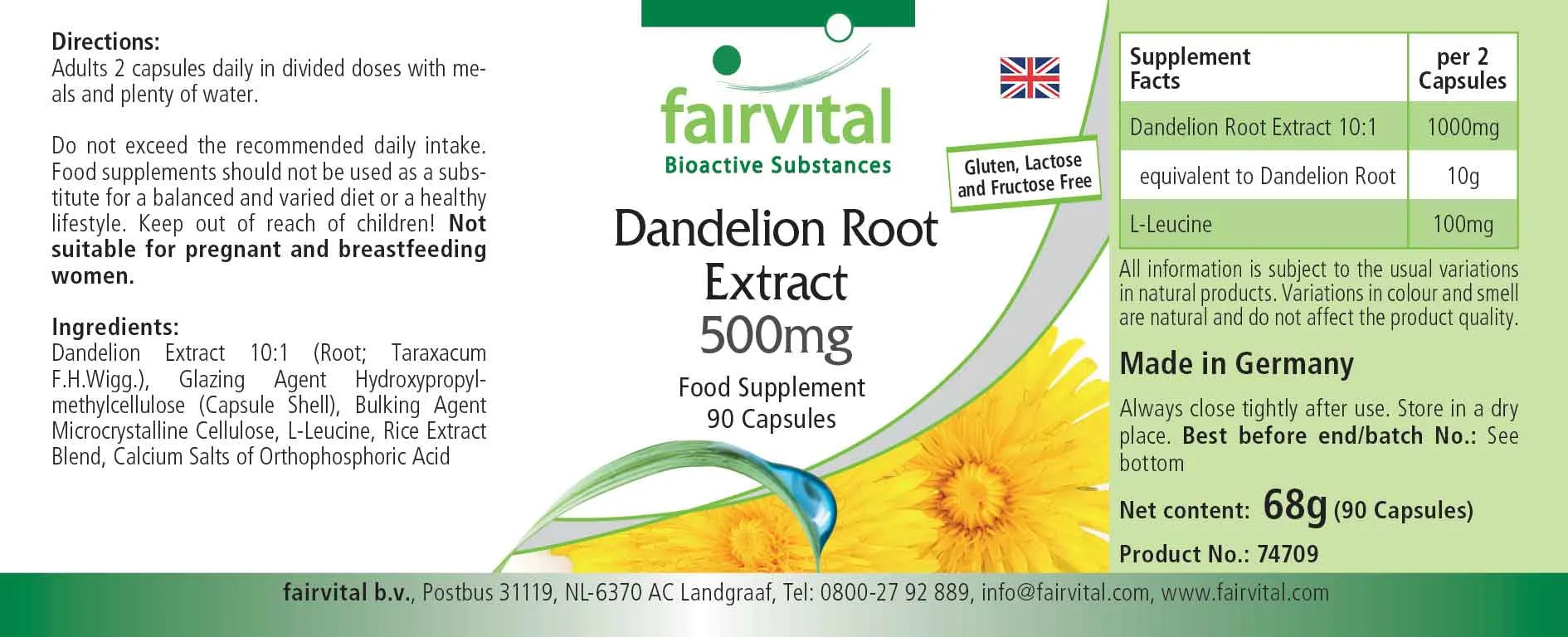Löwenzahnwurzel-Extrakt 500mg - 90 Kapseln - 10-fach konzentriert - Hochdosiert und Vegan | Fairvital