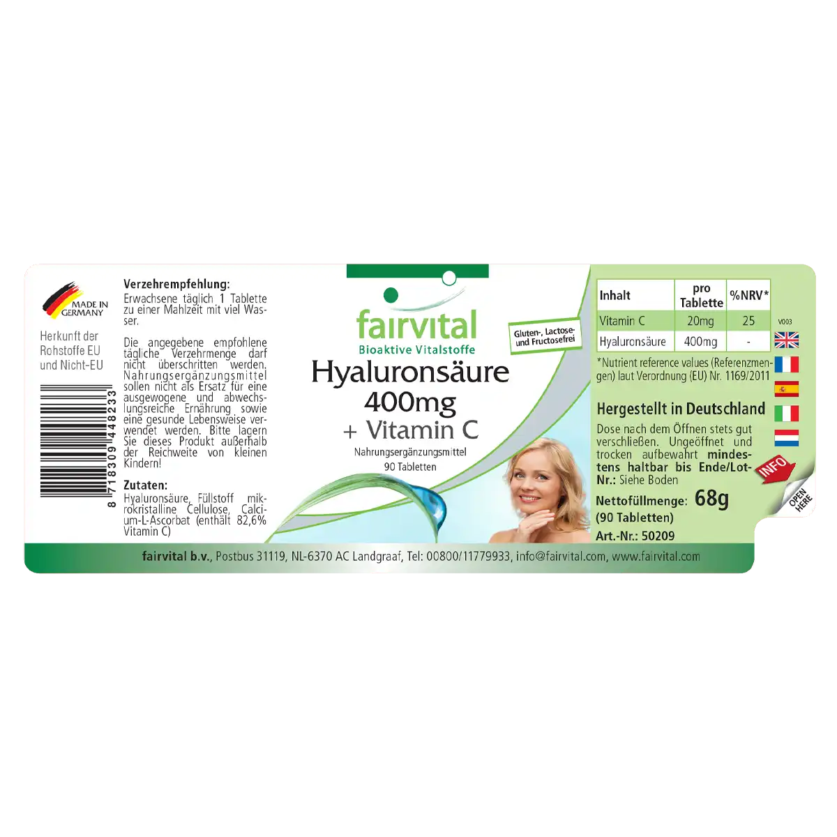 Hyaluronsäure 400mg + Vitamin C - 90 Tabletten - für Immunsystem, Kollagenbildung uvm. - Vegan | Fairvital