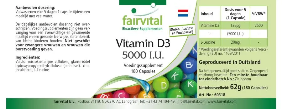 Vitamin D3 5000 I.E. - 180 Kapseln - für Immunsystem, Muskeln, Zellteilung uvm. - Hochdosiert | Fairvital