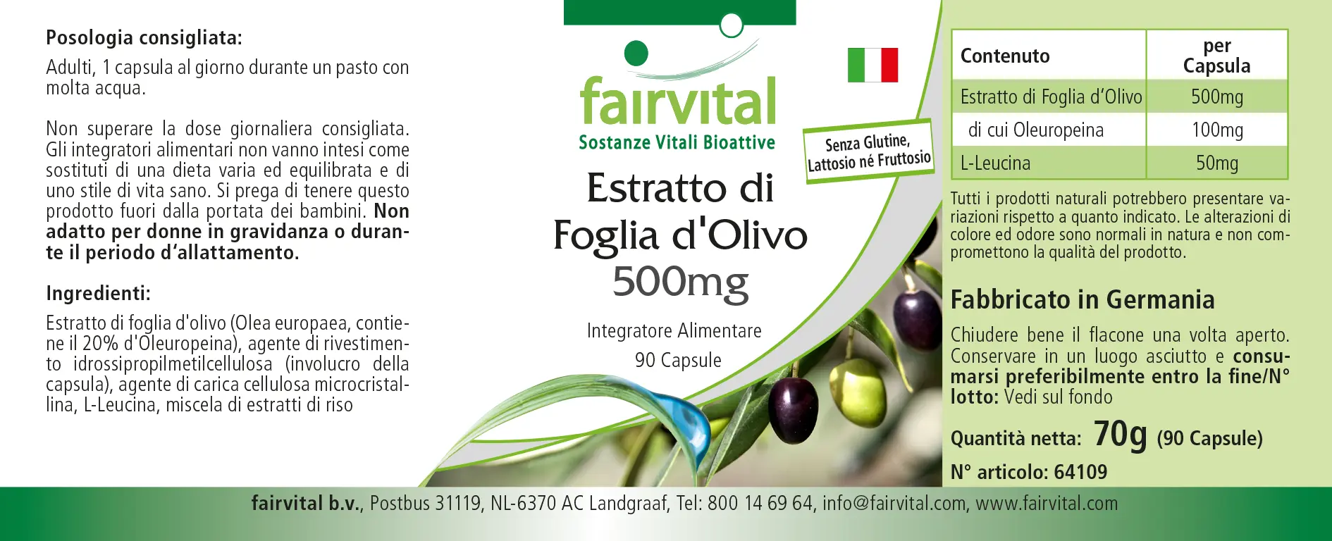 Olivenblatt Extrakt 500mg - 90 Kapseln - mit 20% Oleuropein - Olea europaea - Hochdosiert und Vegan | Fairvital