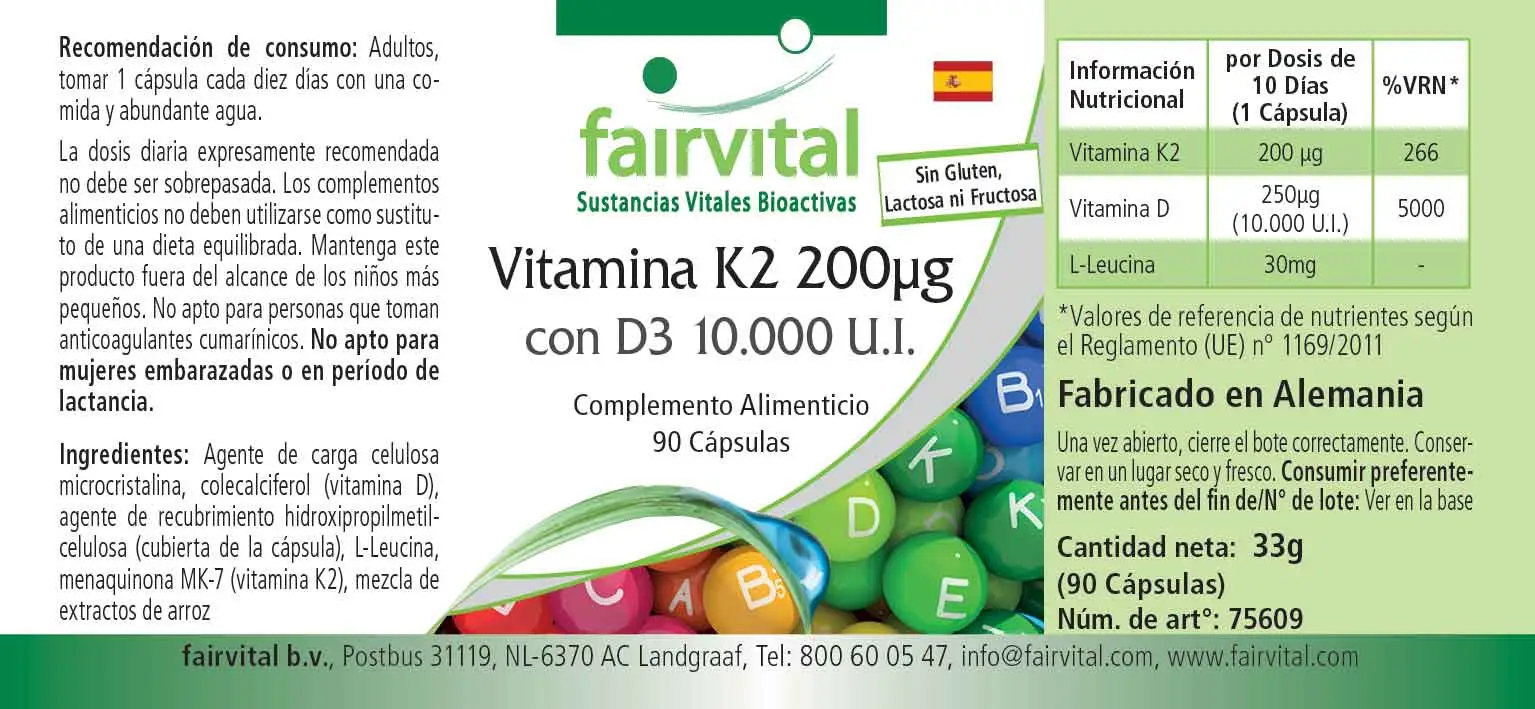 Vitamin K2 200µg mit D3 10000 I.E. - 90 Kapseln - für Knochen, Blutgerinnung uvm. | Fairvital