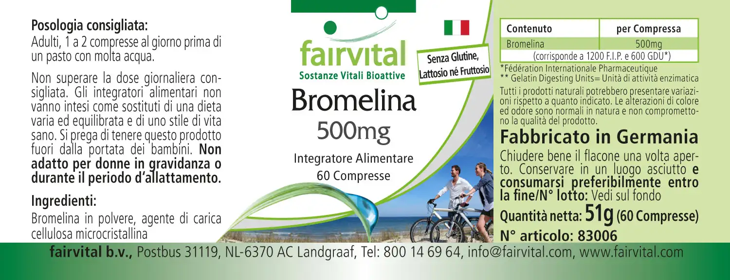 Bromelain 500mg  - 60 Tabletten - 1000mg pro Tagesdosis - 600 F.I.P. - Ananasenzym - Vegan | Fairvital