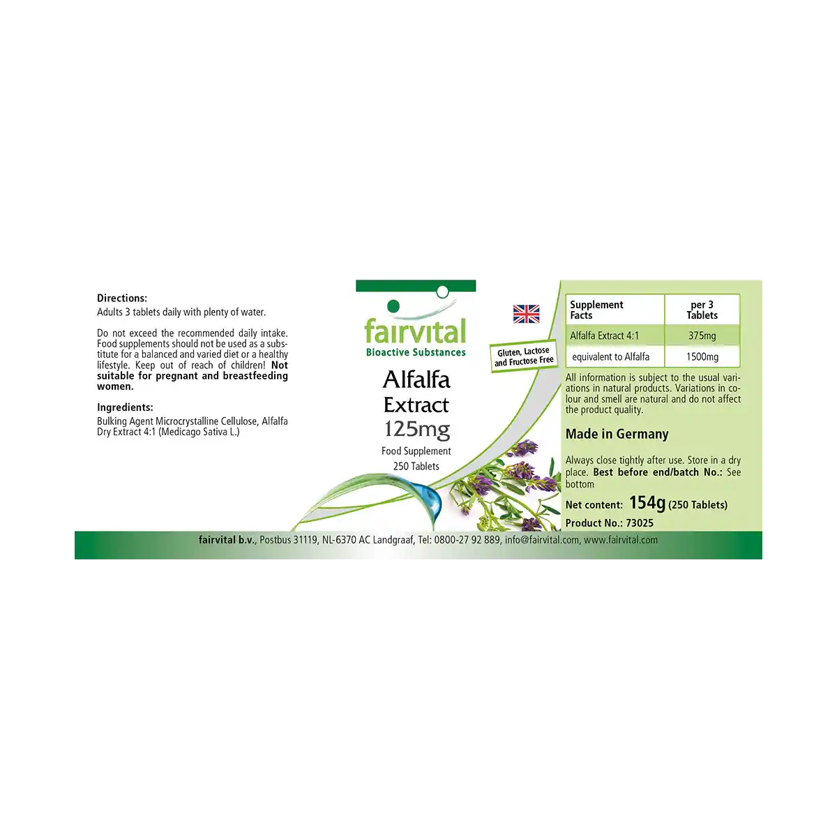 Alfalfa Extrakt 125mg -  Medicago sativa (Luzerne) - 250 Tabletten -  Hochdosiert und Vegan | Fairvital