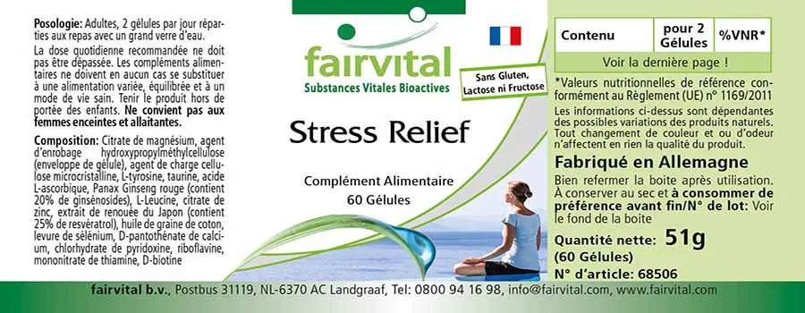 Stress Relief -  60 Kapseln - mit B-Vitaminen, Vitamin C, Zink uvm. - für Nervensystem, Zellschutz uvm. | Fairvital