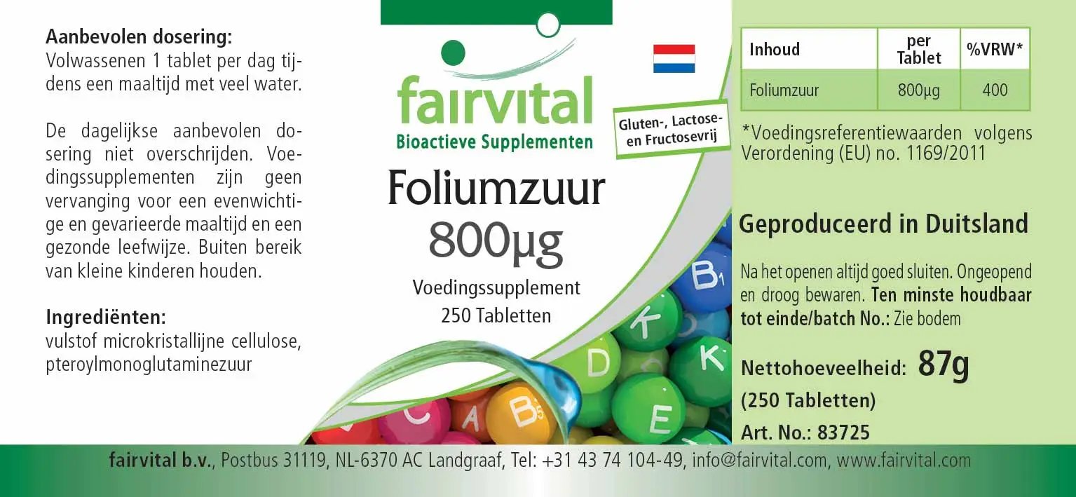 Folsäure 800µg  - 250 Tabletten - Für Kinderwunsch - Schwangerschaft & Stillzeit - Vegan | Fairvital