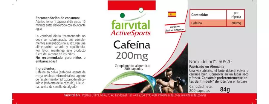 Koffein 200mg - 200 Kapseln - Hochdosiert und Vegan | Fairvital