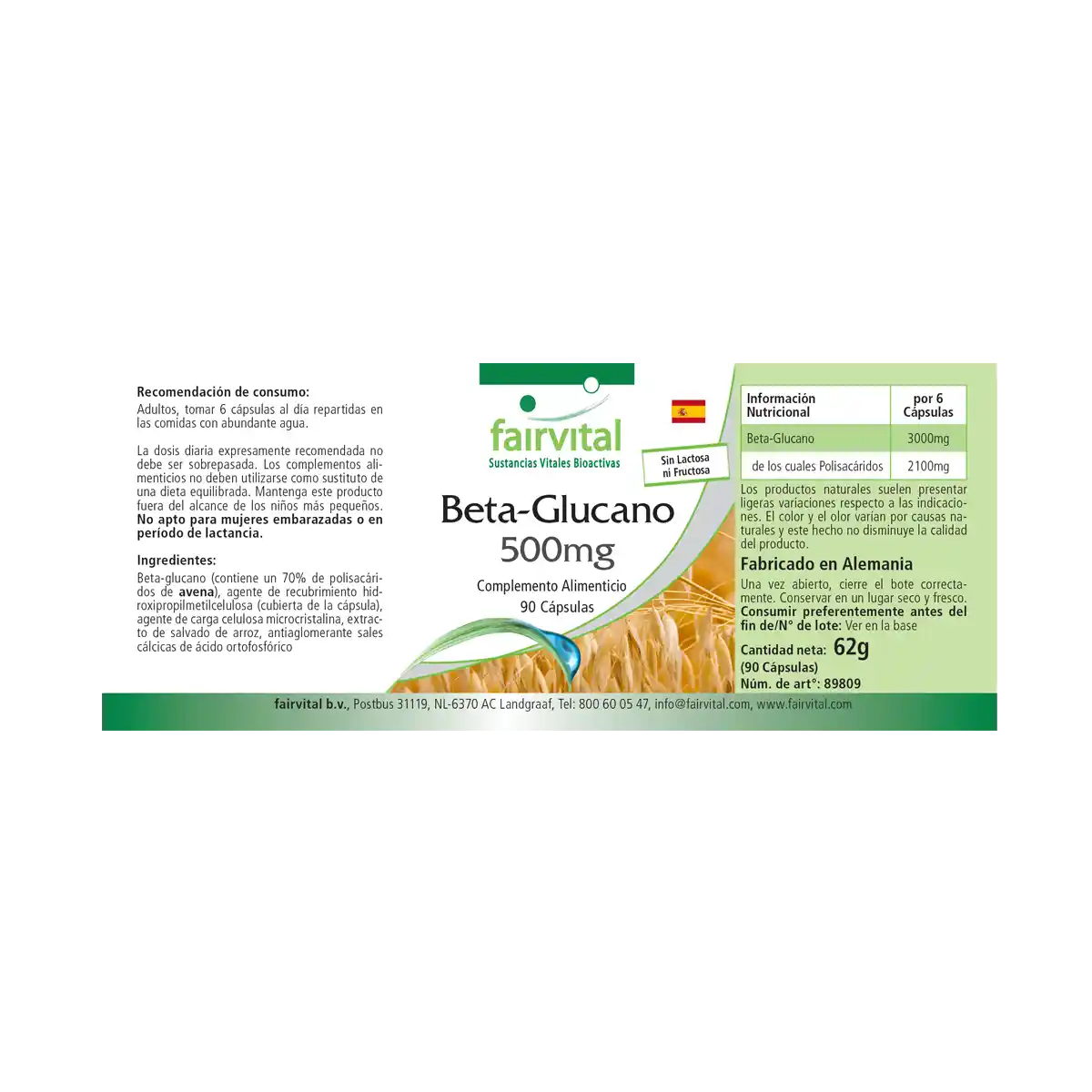 Beta-Glucan 500mg - 90 Kapseln - 70% Polysaccharide aus Hafer - Hochdosiert und Vegan | Fairvital