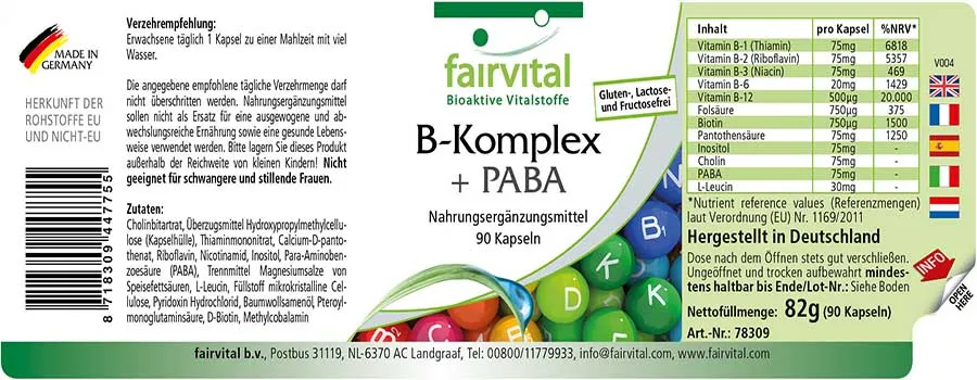 B-Komplex mit PABA - 90 Kapseln - mit allen B-Vitaminen (B6, B12,...) - für Immunsystem, Haut uvm. | Fairvital