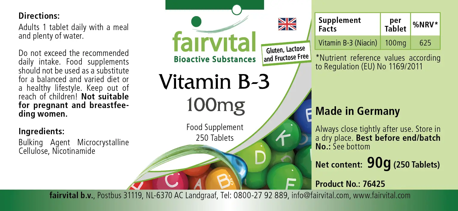 Vitamin B-3 Niacin 100mg - 250 Tabletten - für Haut, Psyche, Nervensystem uvm. - Vegan | Fairvital