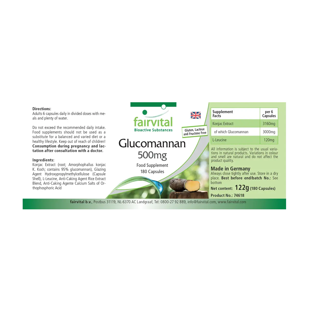 Glucomannan 500mg - Konjakwurzel - 180 Kapseln - Hochdosiert und Vegan | Fairvital