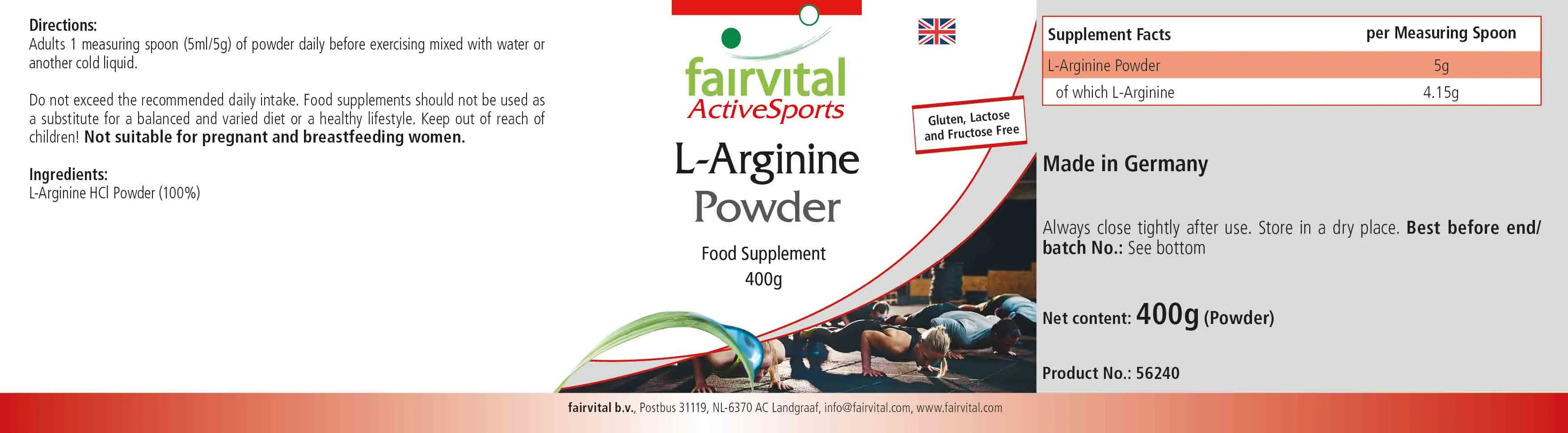 L-Arginin Pulver 400g - 100% pures L-Arginin HCL ohne Zusatzstoffe - Vegan | Fairvital