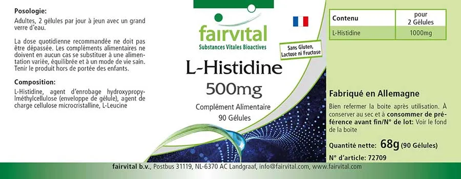 L-Histidin 500mg - 90 Kapseln - Aminosäure - Hochdosiert und Vegan | Fairvital