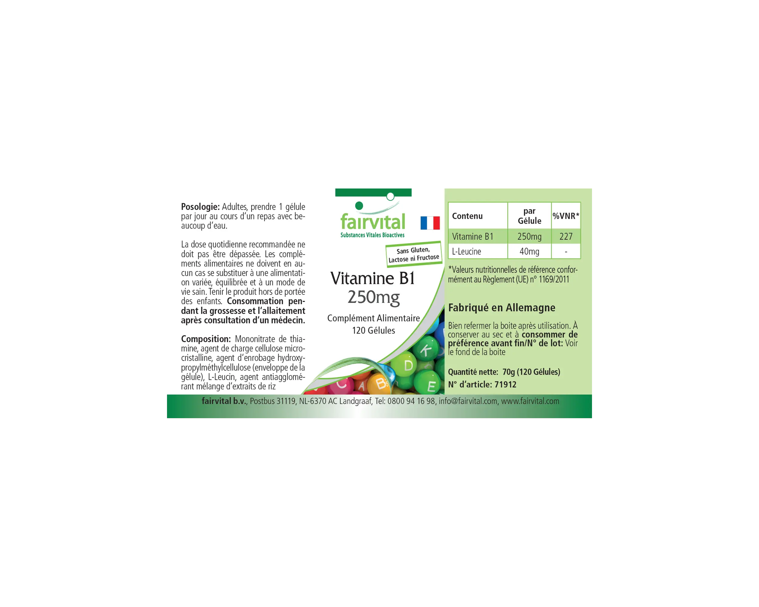 Vitamin B1 250mg - 120 Kapseln - Thiamin - für Herz, Nervensystem uvm. - Hochdosiert | Fairvital