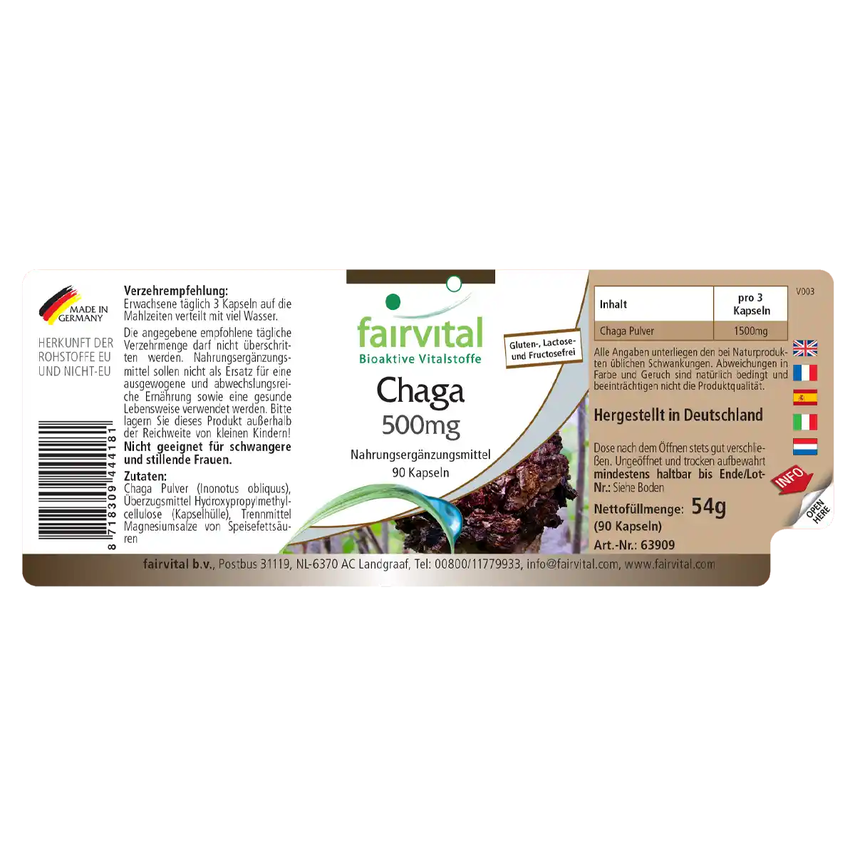 Chaga 500mg - 90 Kapseln - Inonotus obliquus - Hochdosiert und Vegan | Fairvital