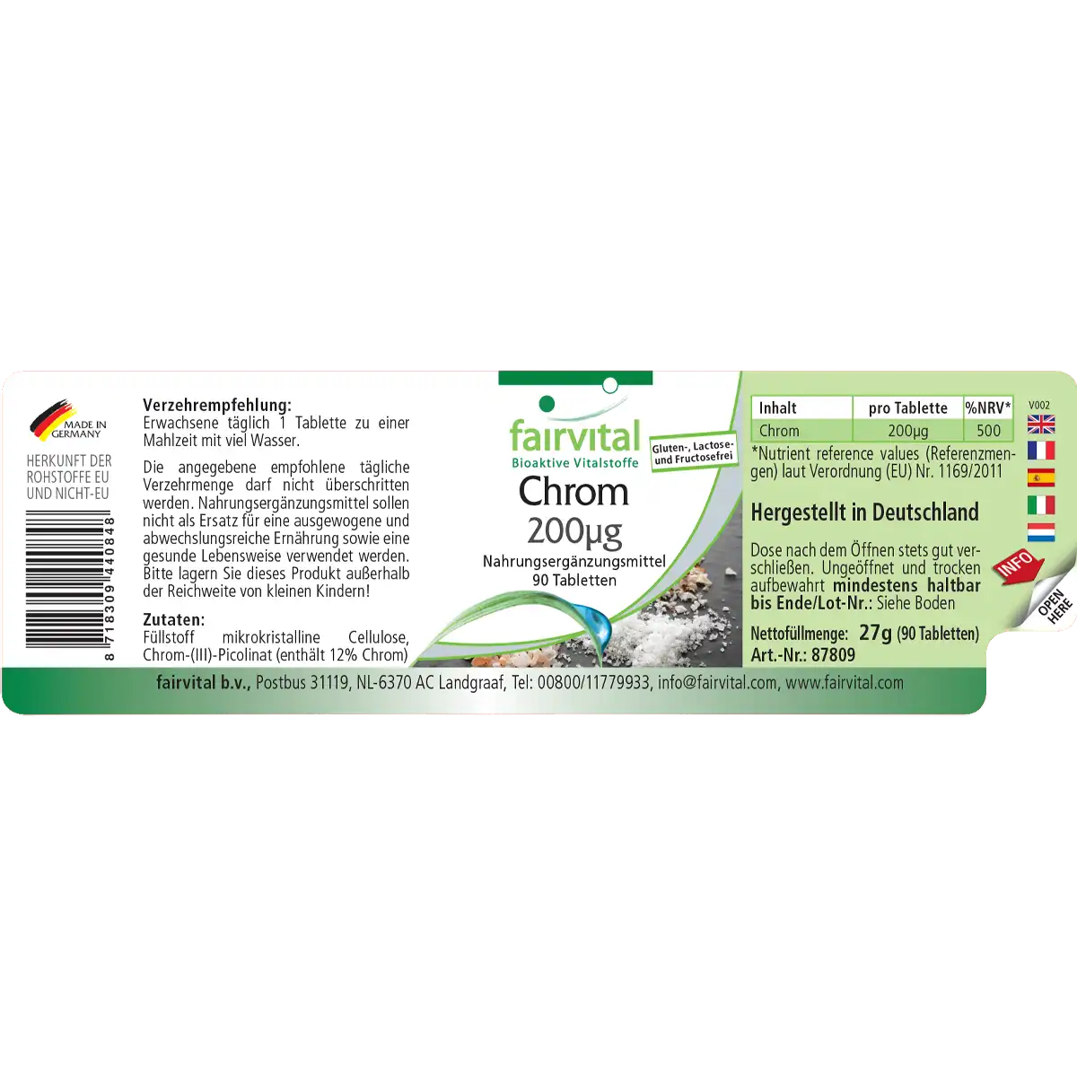 Chrom 200µg - 90 Tabletten - für Blutzuckerspiegel und Makronährstoff Stoffwechsel - Hochdosiert und Vegan | Fairvital