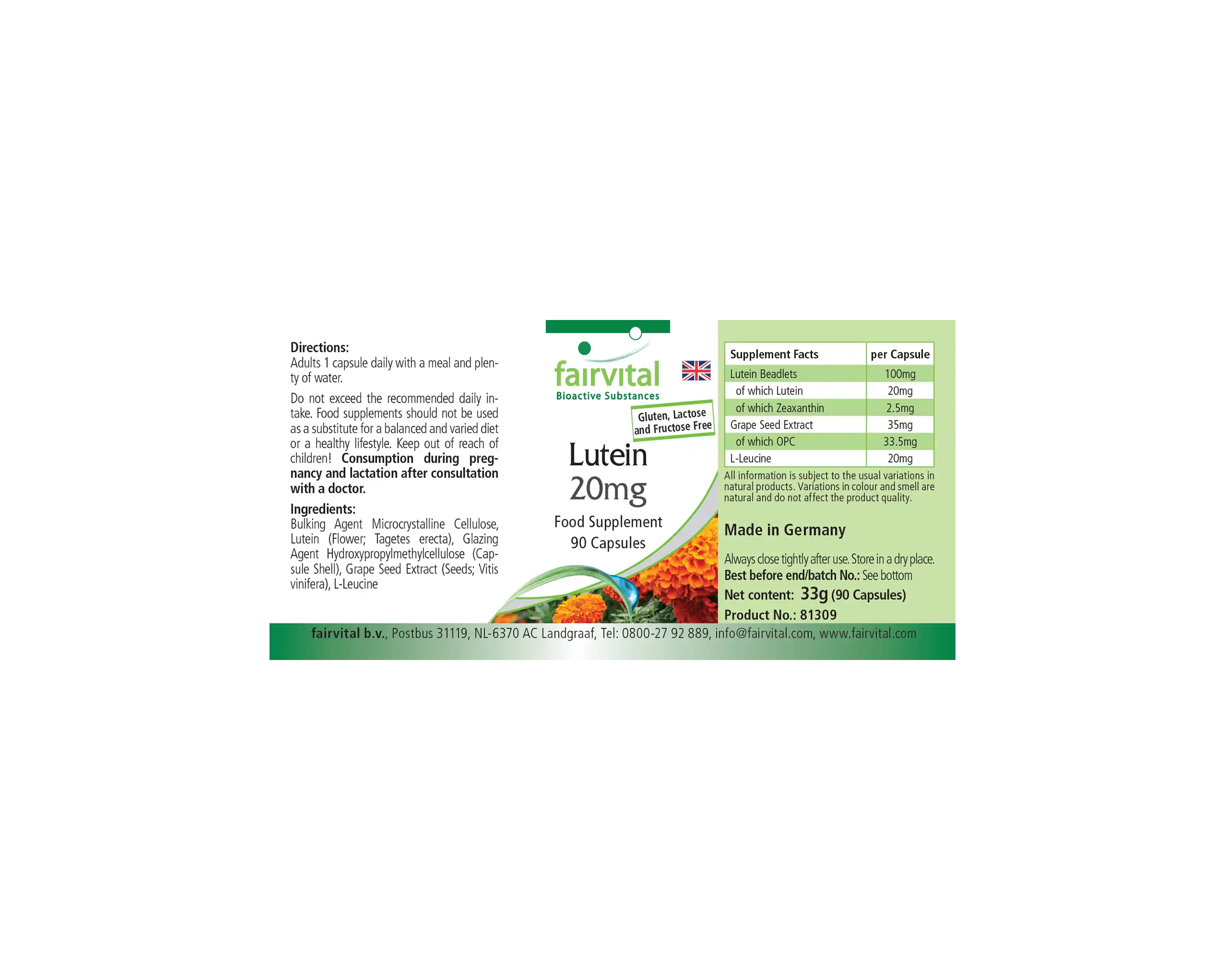 Lutein 20mg - 90 Kapseln - mit Zeaxanthin - mikroverkapselt - ohne Magnesiumstearat | Fairvital