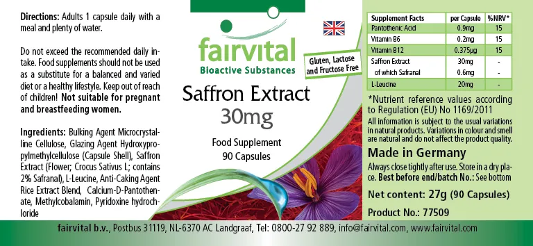 Safran Extrakt 30mg - 90 Kapseln mit Pantothensäure, Vitamin B12 uvm. - für Immunsystem, Zellteilung uvm. | Fairvital