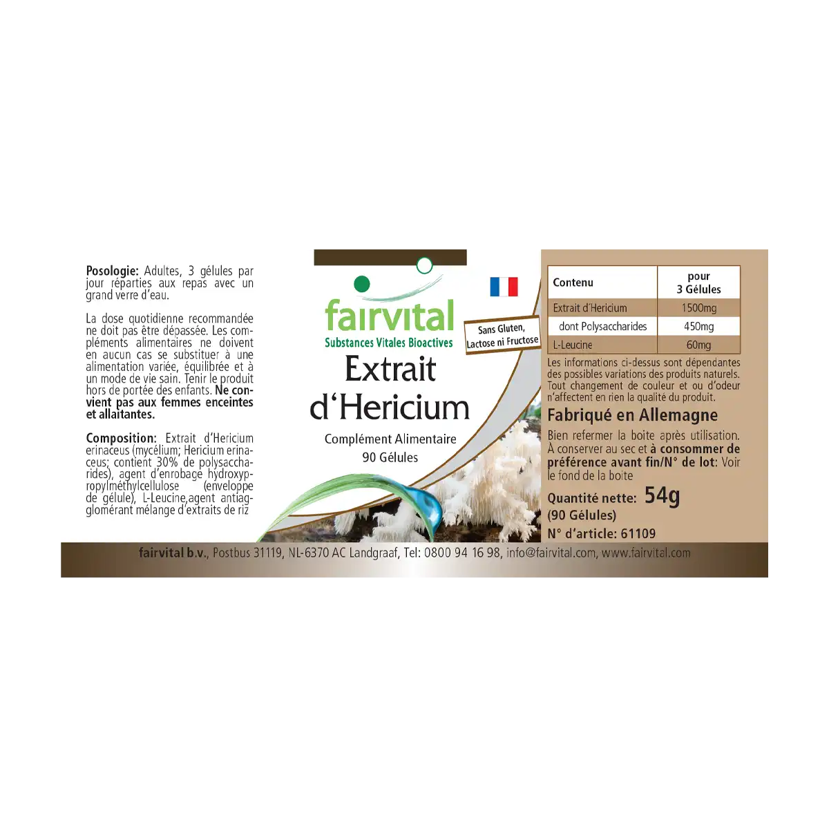 Hericium Extrakt 500mg  - 90 Kapseln - Hericium erinaceus (Igelstachelbart) - 30% Polysaccharide - Vegan | Fairvital