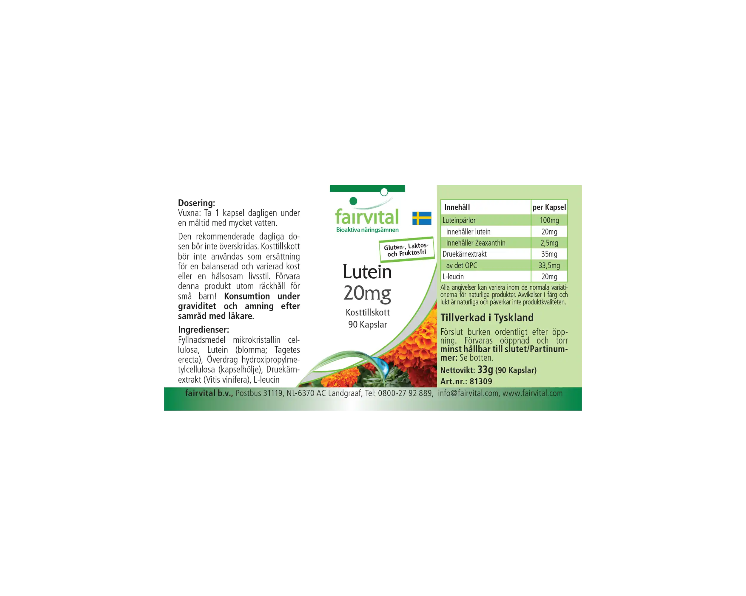 Lutein 20mg - 90 Kapseln - mit Zeaxanthin - mikroverkapselt - ohne Magnesiumstearat | Fairvital