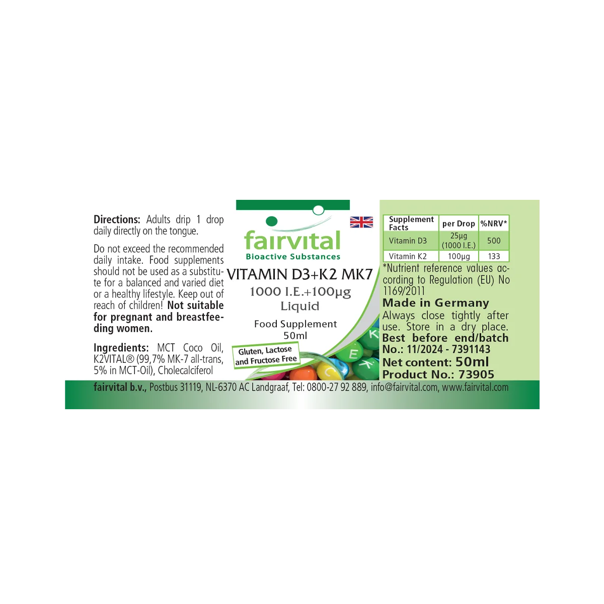 Vitamin D3 + K2 MK7 - 1000 I.E. + 100 μg - 50 ml - für Knochen, Immunsystem uvm. | Fairvital