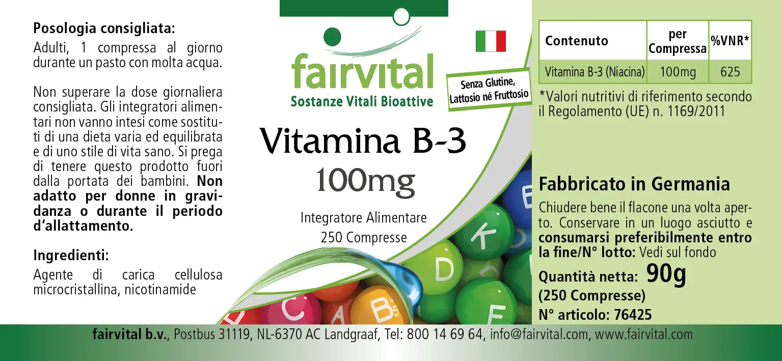 Vitamin B-3 Niacin 100mg - 250 Tabletten - für Haut, Psyche, Nervensystem uvm. - Vegan | Fairvital