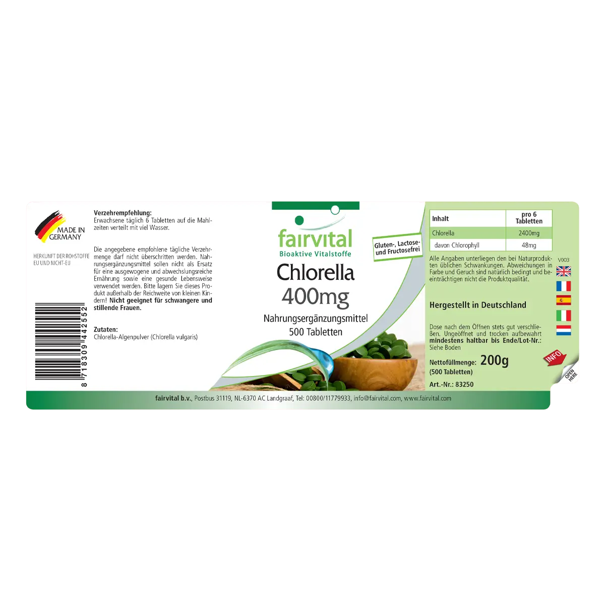 Chlorella 400mg - 500 Tabletten - 100% Chlorella-Algenpulver (Chlorella vulgaris) - Hochdosiert und Vegan | Fairvital Chlorella 400mg - 500 Tabletten - 100% Chlorella-Algenpulver (Chlorella vulgaris) - Hochdosiert und Vegan | Fairvital